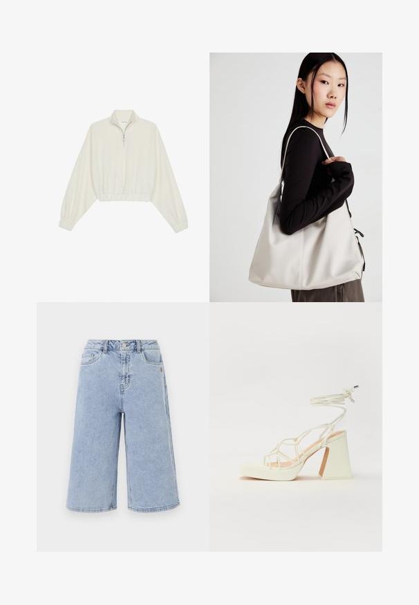Gerippter Pullover aus cremefarbener Baumwolle mit hohem Kragen, halbem Reißverschluss, elastischen Säumen und Bündchen, glatter Textur und minimalistischem Design.; Object OBJISR BERMUDA - Jeans Shorts - medium blue denim; Weiße High-Heel-Sandale mit einem klobigen Absatz, die über ein Riemchendesign und ein Knöchelband verfügt. Glatte Textur mit einer Plattform vorne für zusätzliche Höhe.; Beige Handtasche aus weichem Material, mit einem lässigen Design, gesteppten Details und zwei Schulterriemen. Geeignet für den täglichen Gebrauch.