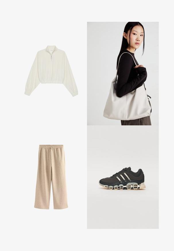 Pullover accorciato in tessuto crema, con colletto alto, chiusura a zip parziale, orlo e polsini elasticizzati, dalla texture liscia e design minimal.; Pantaloni a gamba larga color crema realizzati in un morbido tessuto misto cotone. Presentano una vita elastica con cordoncino e una delicata texture a macchie.; Scarpa da ginnastica nera con tomaia testurizzata, tre strisce argentate e una suola ammortizzata distintiva con più sezioni integrate.; Borsa a mano beige realizzata in materiale morbido, caratterizzata da un design morbido, dettagli cuciti e due manici. Adatta per l'uso quotidiano.