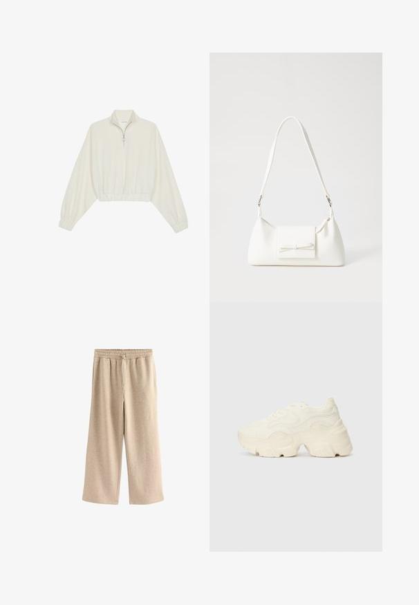 Gerippter Pullover aus cremefarbener Baumwolle mit hohem Kragen, halbem Reißverschluss, elastischen Säumen und Bündchen, glatter Textur und minimalistischem Design.; Cremefarbene Schlaghosen aus einem weichen Baumwollmix. Sie verfügen über einen elastischen Bund mit Kordelzug und einer dezenten gesprenkelten Textur.; Flockige weiße Sneaker aus strukturiertem Mesh und synthetischen Materialien, mit einer dicken Sohle und komplizierten Mustern entlang der Seiten.; Weiße synthetische Handtasche in dreieckiger Form, flache Vorderklappe und Schleifendetail, verstellbarer Trageriemen, glatte Textur und minimalistisches Design.