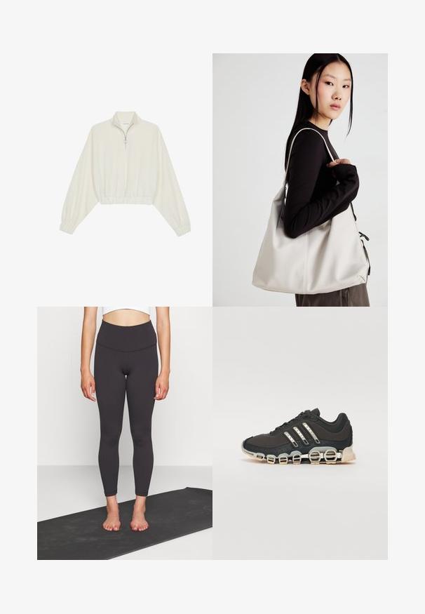 Geknipt pullover in crèmekleurige stof, met een hoge kraag, halve rits, elastische zoom en manchetten, met een soepele textuur en minimalistisch ontwerp.; Hoge taille zwarte leggings van gladde, rekbare stof met een getailleerde pasvorm, eindigend bij de enkel. Combineer met een cropped top op een yogamat.; Zwarte sportschoen met een gestructureerde bovenkant, drie zilveren strepen en een kenmerkende dempingszool met meerdere geïntegreerde secties.; Beige handtas gemaakt van zacht materiaal, met een slonzig ontwerp, gestikte details en twee schouderbanden. Geschikt voor dagelijks gebruik.