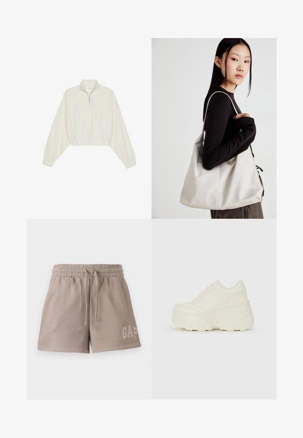 Cropped pullover in cream fabric, featuring a high collar, half-zip closure, elasticated hem and cuffs, with a smooth texture and minimal design.; Beige shorts made of soft material, featuring an elastic waistband with drawstring and embroidered "GAP" logo on the lower front.; White platform sneakers featuring a smooth leather-like upper, rounded shape, padded collar, and textured rubber sole with defined treads.; Beige handbag made of soft material, featuring a slouchy design, stitched detailing, and two shoulder straps. Suitable for everyday use.