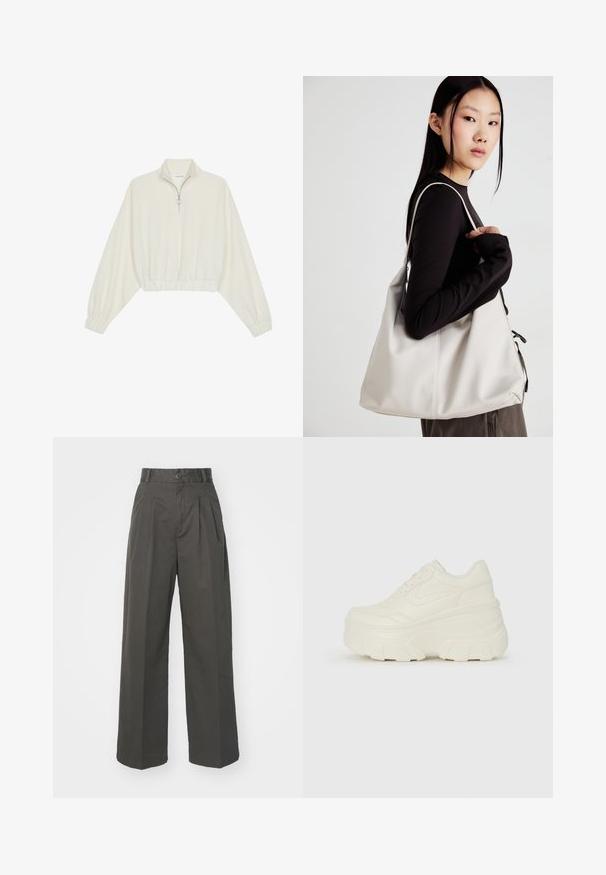 Zkrátený pulover z krémového materiálu, s vysokým golierom, polovičným zipsom, elastickým lemom a manžetami, s hladkou textúrou a minimalistickým dizajnom.; Vysoké nohavice v antracitovej farbe vyrobené z bavlny. Obsahujú prešitie, jediné zapínanie na gombík a široké, rovné nohavice. Hladká textúra.; Biele platformové tenisky s hladkým koženkovým svrchným materiálom, zaobleným tvarom, polstrovaným golierom a textúrovanou gumovou podrážkou s výrazným vzorom.; Béžová kabelka vyrobená z mäkkého materiálu, s uvoľneným dizajnom, prišitými detailmi a dvoma popruhmi na nosenie na pleciach. Vhodná na každodenné nosenie.