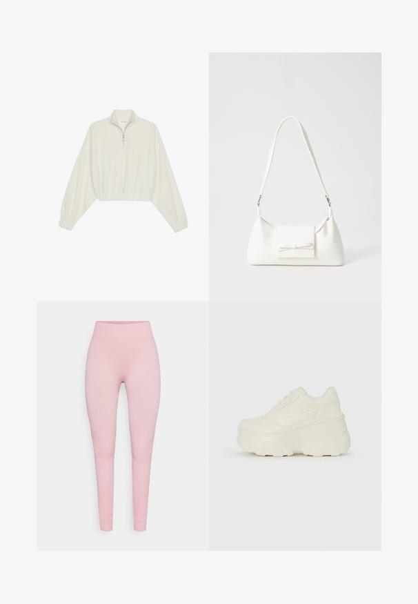 Pullover accorciato in tessuto crema, con colletto alto, chiusura a zip parziale, orlo e polsini elasticizzati, dalla texture liscia e design minimal.; Leggings rosa a coste con vita alta, vestibilità slim e tessuto elasticizzato per il massimo comfort. Senza motivi distintivi o dettagli metallici.; Sneakers bianchi con piattaforma, caratterizzati da una parte superiore simile alla pelle liscia, forma arrotondata, collo imbottito e suola in gomma testurizzata con scanalature ben definite.; Borsa sintetica bianca a forma triangolare, con patta anteriore piatta e dettaglio a fiocco, tracolla regolabile, texture liscia e design minimalista.