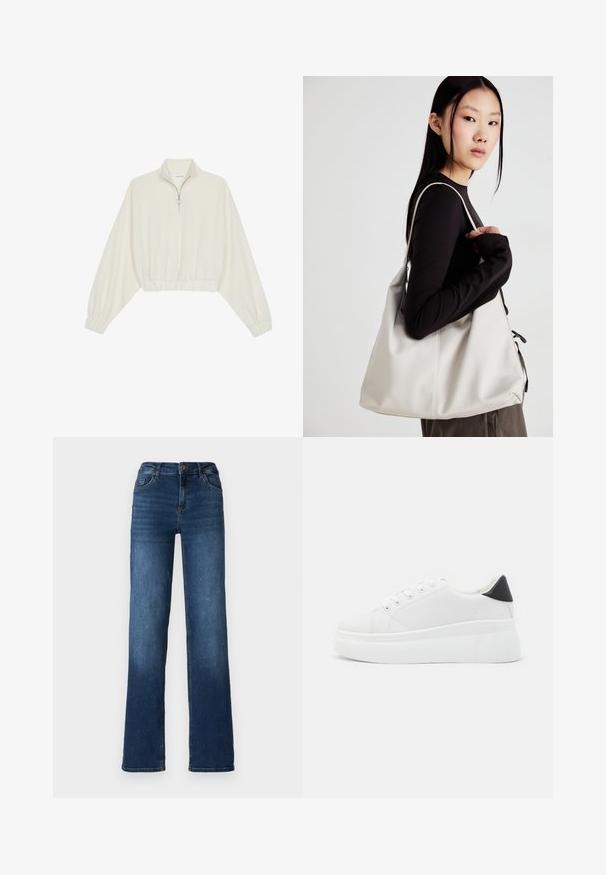 Kreminės spalvos trumpas megztinis, turintis aukštą apykaklę, pusiau užtrauktuką, elastinį apačią irRankovių kraštus, su lygiu paviršiumi ir minimalizuotu dizainu.; Tamsiai mėlyni džinsai su tiesių kojų dizainu, vidutinio aukščio liemeniu ir švelniu išblukimu apvaduose. Yra penki kišenės ir mygtuko užsegimas.; Balti platforminiai sportbačiai, pagaminti iš lygios sintetinio audinio, su apvaliu pirštu, raištelių užsegimu ir tekstūruota guma padanga. Juodas kulno akcentas.; Bežinė rankinė, pagaminta iš minkštos medžiagos, turinti laisvą dizainą, siuvinėtas detalės ir dvi petnešos. Tinkama kasdieniam naudojimui.