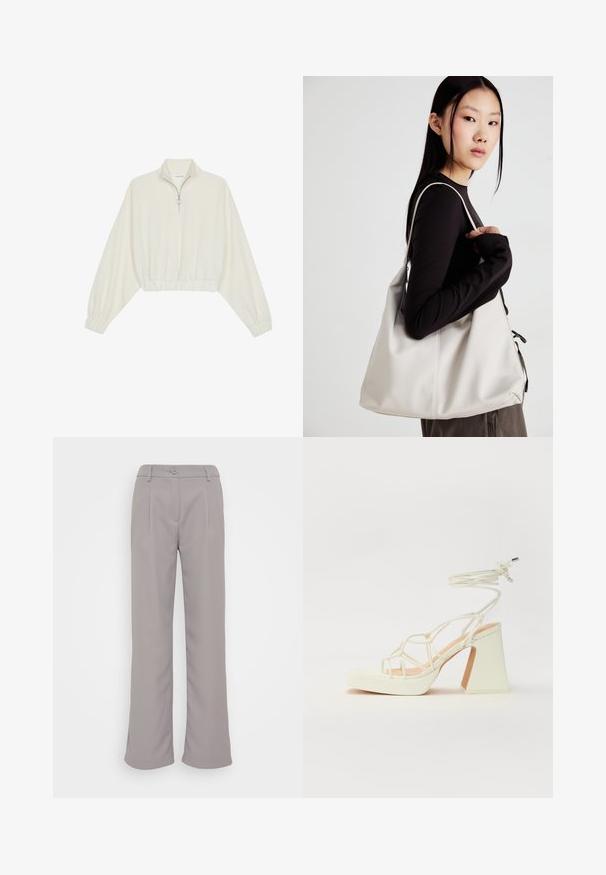 Kreptais pusītes džemperis krēmkrāsā, ar augstu apkakli, puszipa aizdari, elastīgu apakšmalu un aprocēm, ar gludu tekstūru un minimālistisku dizainu.; Pelēkas, platās bikšu bikses ar gludu tekstūru. Iezīmētas ar priekšējiem krokiem, pogu aizdari un sānu kabatām. Klasisks dizains daudzpusīgai valkāšanai.; Baltas augstpapēžu sandales ar masīvu papēdi, ar siksnu dizainu un potītes saistītiem elementiem. Gluda tekstūra ar platformu priekšpusē, lai nodrošinātu papildu augstumu.; Bežs rokassoma, izgatavota no mīksta materiāla, ar brīvu dizainu, izšūtu apdari un divām plecu siksnām. Piemērota ikdienas lietošanai.