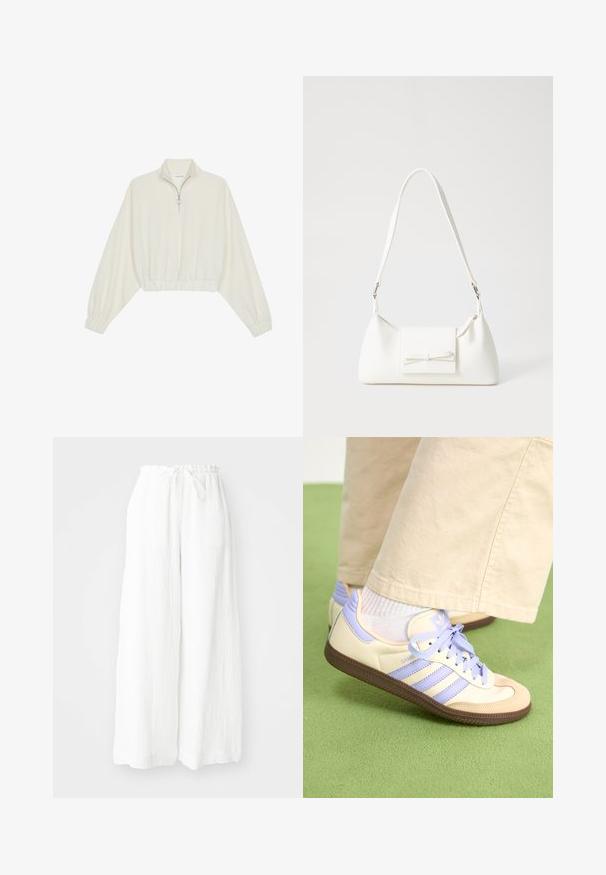 Skraćeni pulover od kremastog materijala, s visokim ovratnikom, zatvaranjem na polovicu munje, elastičnim rubom i manžetama, s glatkom teksturom i minimalnim dizajnom.; Bijele široke hlače od teksturiranog materijala, s elastičnom strukom i vezicom. Ležeran dizajn s opuštenim krojem.; Kremasto-ljubičaste tenisice s tri pruge i strukturiranim smeškim potplatom, s vezicama i podstavljenim petom. Mekana gornja tkanina.; Bijela sintetička torbica s trokutastim oblikom, ravnim prednjim poklopcem i detaljem u obliku mašne, podesivom remenom, glatkom teksturom i minimalističkim dizajnom.