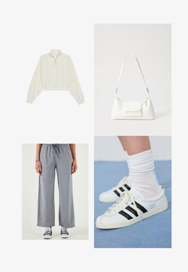 Cropped pullover in cream fabric, featuring a high collar, half-zip closure, elasticated hem and cuffs, with a smooth texture and minimal design.; Wide-leg gray trousers with a drawstring waistband and frayed hem, made of a lightweight fabric. Paired with black-and-white sneakers.; White leather sneakers with black stripes, cream outsole, and light laces. Worn with white ribbed socks, positioned on blue background.; White synthetic handbag with a triangular shape, flat front flap and bow detail, adjustable strap, smooth texture, and minimalistic design.