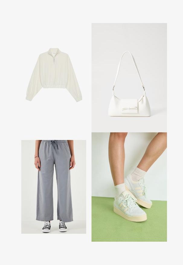 Cropped pullover in cream fabric, featuring a high collar, half-zip closure, elasticated hem and cuffs, with a smooth texture and minimal design.; Wide-leg gray trousers with a drawstring waistband and frayed hem, made of a lightweight fabric. Paired with black-and-white sneakers.; Light green sneakers with a textured surface, featuring three white stripes, a cream rubber sole, and lace-up design. Worn with light socks.; White synthetic handbag with a triangular shape, flat front flap and bow detail, adjustable strap, smooth texture, and minimalistic design.