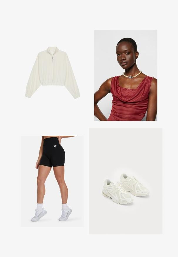 Sudadera cropped en tejido crema, con cuello alto, cierre de media cremallera, dobladillo y puños elásticos, con una textura suave y un diseño minimalista.; Pantalones cortos negros de talle alto con una tela elástica, que presentan un logo blanco en la parte frontal y un acabado suave en el dobladillo.; Zapatillas deportivas blancas con materiales de malla y sintéticos, diseño de cordones, cuello acolchado y suela texturizada para agarre. Construcción ligera.; Vestido de color rojo intenso con cuello de cisne y una textura suave. Presenta un collar de perlas con un acento decorativo de plata en el centro.