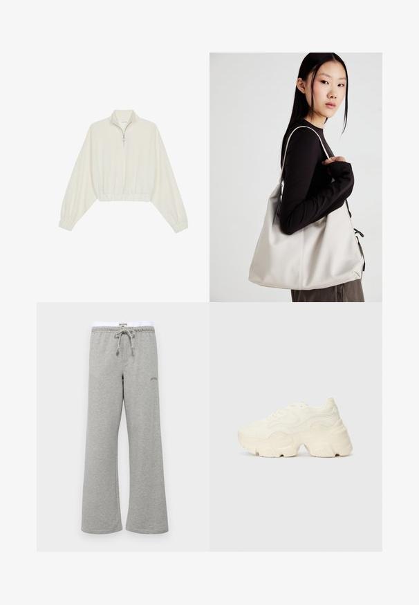 Skraćeni pulover od kremastog materijala, s visokim ovratnikom, zatvaranjem na polovicu munje, elastičnim rubom i manžetama, s glatkom teksturom i minimalnim dizajnom.; BDG Urban Outfitters WIDE LEG JOGGER - Donji dijelovi trenirke - grey marl; Masivne bijele tenisice od teksturirane mreže i sintetičkih materijala, sa debelim potplatom i složenim uzorcima duž strana.; Bežna torba od mekog materijala s opuštenim dizajnom, šivanim detaljima i dva remena za rame. Pogodna za svakodnevnu upotrebu.