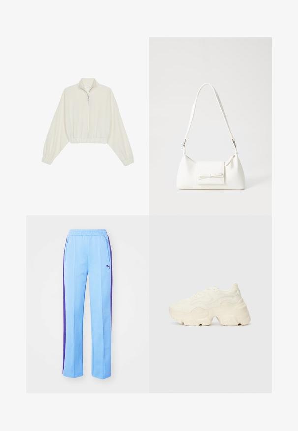 Cropped pullover in cream fabric, featuring a high collar, half-zip closure, elasticated hem and cuffs, with a smooth texture and minimal design.; Light blue sweatpants with purple side stripes, elastic waistband, and zippered pockets. Soft fabric and straight-leg design.; Chunky white sneakers made of textured mesh and synthetic materials, featuring a thick sole and intricate pattern details along the sides.; White synthetic handbag with a triangular shape, flat front flap and bow detail, adjustable strap, smooth texture, and minimalistic design.