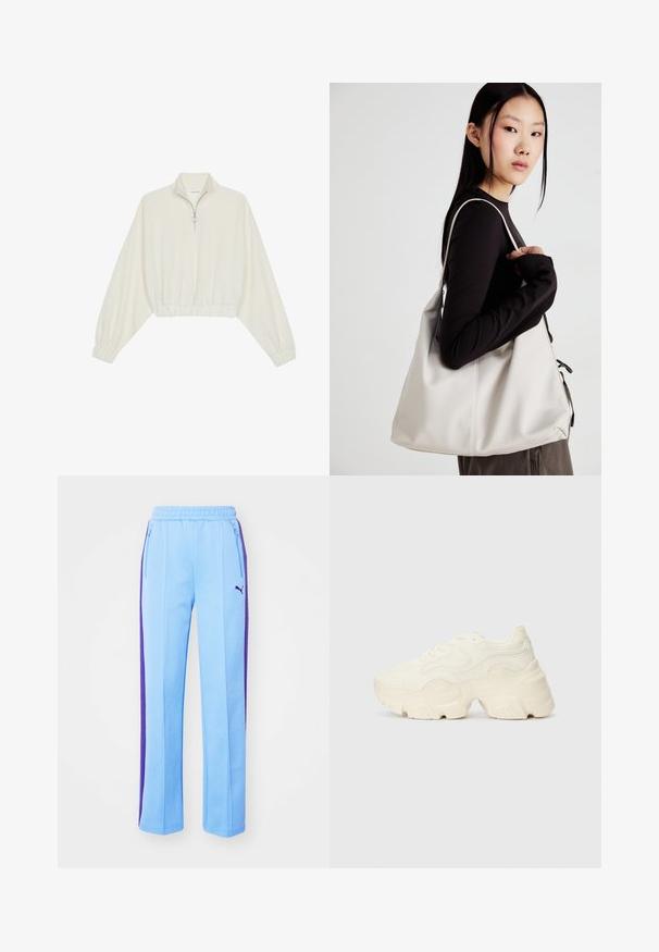 Skraćeni pulover od kremastog materijala, s visokim ovratnikom, zatvaranjem na polovicu munje, elastičnim rubom i manžetama, s glatkom teksturom i minimalnim dizajnom.; Svjetloplave trenirke s ljubičastim bočnim prugama, elastičnim strukom i džepovima sa zatvaračem. Mekani materijal i ravni kroj nogavica.; Masivne bijele tenisice od teksturirane mreže i sintetičkih materijala, sa debelim potplatom i složenim uzorcima duž strana.; Bežna torba od mekog materijala s opuštenim dizajnom, šivanim detaljima i dva remena za rame. Pogodna za svakodnevnu upotrebu.