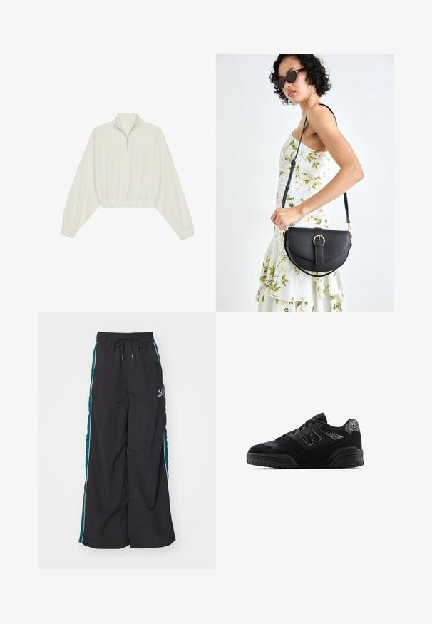 Geknipt pullover in crèmekleurige stof, met een hoge kraag, halve rits, elastische zoom en manchetten, met een soepele textuur en minimalistisch ontwerp.; Zwarte wijde broek met een drawstring tailleband, teal zijkanten en witte accentstripes. Gemaakt van een gladde, lichte stof.; Zwarte low-top sneaker met een gestructureerde zool, vetersluiting, suède panelen en een patroonaccent op de hiel en het zijlogo.; Zwarte leren handtas met een gebogen vorm, afneembare schouderband en gouden hardware. De tas heeft een klep met een gespsluiting.