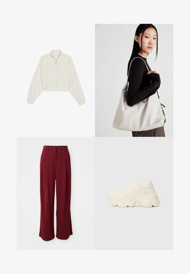 Skraćeni pulover od kremastog materijala, s visokim ovratnikom, zatvaranjem na polovicu munje, elastičnim rubom i manžetama, s glatkom teksturom i minimalnim dizajnom.; Bordo hlače širokih nogavica s naborkama, izrađene od glatkog materijala. Imaju ravni pojas i nemaju vidljive džepove.; Masivne bijele tenisice od teksturirane mreže i sintetičkih materijala, sa debelim potplatom i složenim uzorcima duž strana.; Bežna torba od mekog materijala s opuštenim dizajnom, šivanim detaljima i dva remena za rame. Pogodna za svakodnevnu upotrebu.