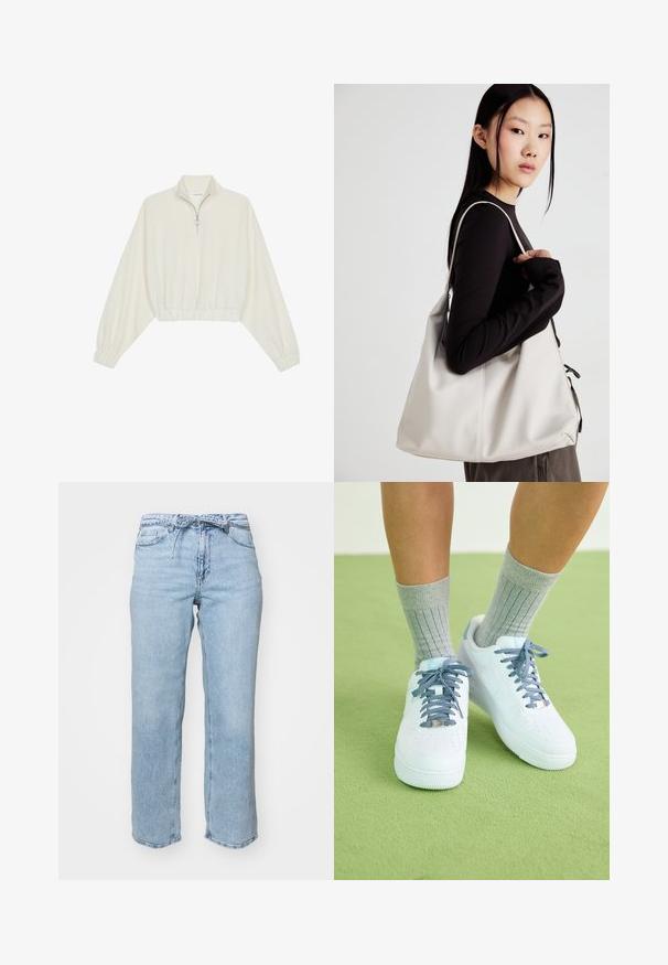 Zkrátený pulover z krémového materiálu, s vysokým golierom, polovičným zipsom, elastickým lemom a manžetami, s hladkou textúrou a minimalistickým dizajnom.; Svetlomodré džíny z denimu s uvoľneným strihaním rovného nohavice, piatimi vreckami a pásom s pútkami na opasok. Poškodený vzhľad s jemným vyblednutím.; Biele kožené tenisky s modrými akcentmi, perforovaným dizajnom na špičke a textúrovanými modro-bielymi šnúrkami, nosené so sivými rebrovanými ponožkami.; Béžová kabelka vyrobená z mäkkého materiálu, s uvoľneným dizajnom, prišitými detailmi a dvoma popruhmi na nosenie na pleciach. Vhodná na každodenné nosenie.