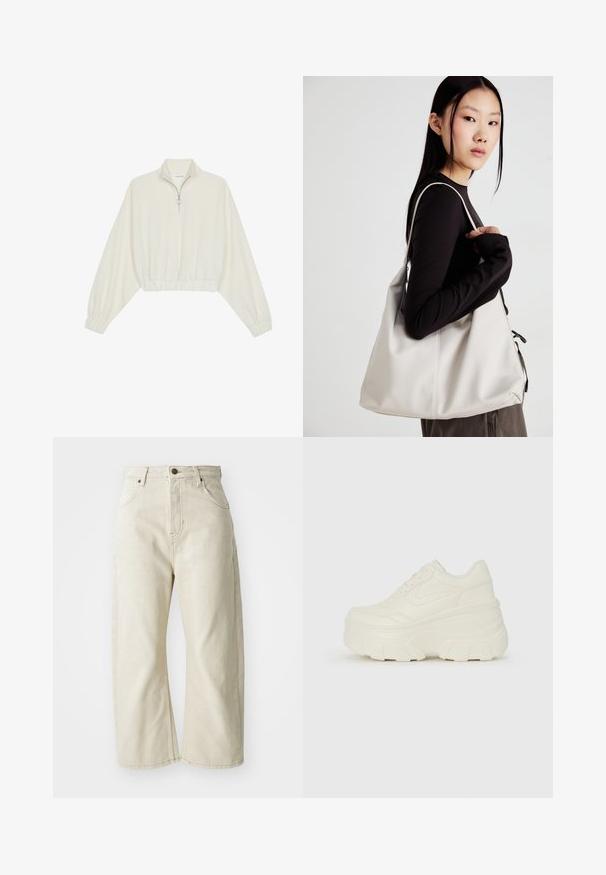 Pullover curto em tecido creme, apresentando um colarinho alto, fecho de meio zíper, bainha e punhos elásticos, com uma textura suave e design minimalista.; Jeans largas bege feitos de denim de algodão, com uma cintura alta, cinco bolsos e uma textura ligeiramente desbotada. Fecho com botão de latão.; Tênis brancos de plataforma com um cabedal suave semelhante a couro, formato arredondado, colarinho acolchoado e sola de borracha texturizada com ranhuras bem definidas.; Uma bolsa bege feita de material macio, com um design descontraído, detalhes de costura e duas alças para o ombro. Adequada para uso diário.