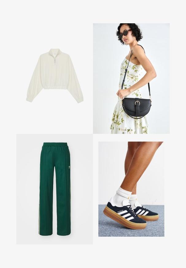 Pullover curto em tecido creme, apresentando um colarinho alto, fecho de meio zíper, bainha e punhos elásticos, com uma textura suave e design minimalista.; Calças de desporto verde-escuras com um corte relaxado, apresentando uma cintura com cordão, bolsos laterais e riscas creme nas laterais.; Ténis de camurça preta com riscas e detalhes brancos, biqueira arredondada, sola em borracha cor de goma, combinados com meias brancas caneladas até à altura do tornozelo.; Bolsa de couro preta com forma curva, alça destacável e detalhes em dourado. A bolsa possui uma aba com detalhe de fivela.