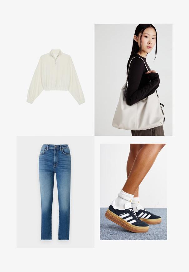 Zkrátený pulover z krémového materiálu, s vysokým golierom, polovičným zipsom, elastickým lemom a manžetami, s hladkou textúrou a minimalistickým dizajnom.; Modré džínsy s vysokým pásom vyrobené z denimu, s rovným strihom, piatimi vreckami a jemným jemným opotrebovaním pre textúru a detail.; Čierne semišové tenisky s bielymi pruhmi a detailmi, so zaoblenou špičkou, podrážkou z gumovej gumy, doplnené bielymi rebrovanými ponožkami.; Béžová kabelka vyrobená z mäkkého materiálu, s uvoľneným dizajnom, prišitými detailmi a dvoma popruhmi na nosenie na pleciach. Vhodná na každodenné nosenie.