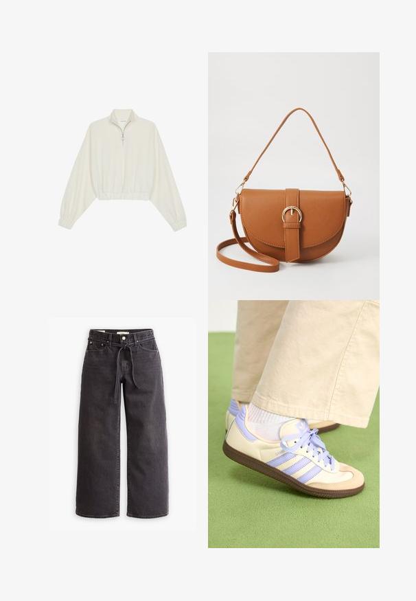 Kort genser i kremfarget stoff, med høy krage, halv glidelås, elastisk nederste kant og mansjetter, med en glatt tekstur og minimalistisk design.; Sorte vide benklær laget av denim, med strikk i livet, fem lommer og kontrasterende sømdetaljer. Flat front.; Kremfargede og lavendelfargede joggesko med tre striper og en teksturert brun såle, med lisser og en polstret hæl. Mykt stofføvre.; Brun lærcrossbody-veske med en buet form, gullhardware og et spenneakcent. Har en avtakbar skulderreim.