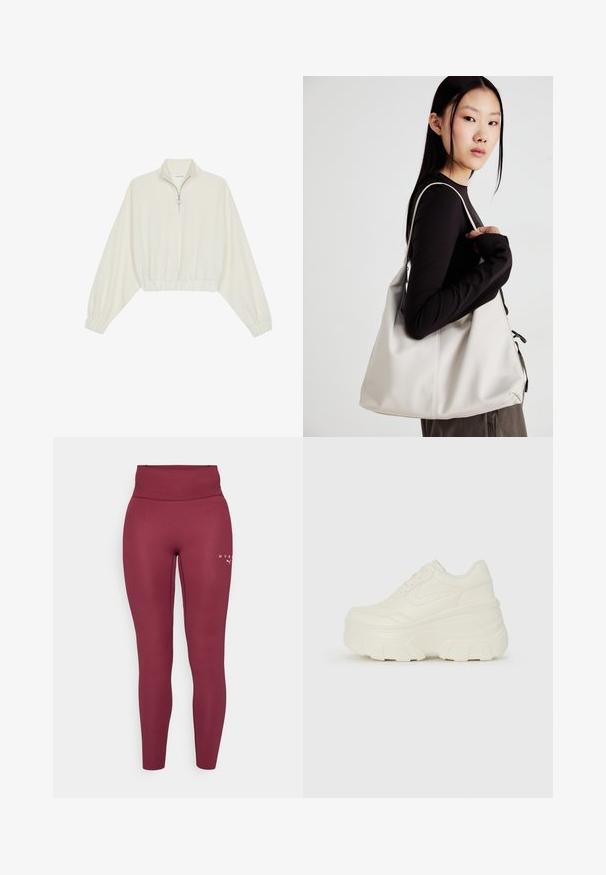 Gerippter Pullover aus cremefarbener Baumwolle mit hohem Kragen, halbem Reißverschluss, elastischen Säumen und Bündchen, glatter Textur und minimalistischem Design.; Burgunderfarbene Leggings aus dehnbarem Stoff, hohe Taille, enganliegende Form, mit einem kleinen Logo-Druck auf dem linken Oberschenkel.; Weiße Platform Sneakers mit einem glatten, lederähnlichen Obermaterial, abgerundeter Form, gepolstertem Kragen und strukturierten Gummisohlen mit ausgeprägten Stollen.; Beige Handtasche aus weichem Material, mit einem lässigen Design, gesteppten Details und zwei Schulterriemen. Geeignet für den täglichen Gebrauch.
