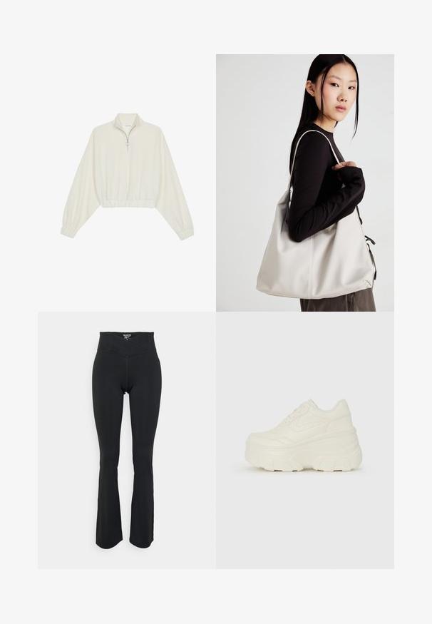 Krém színű, rövidített pulóver, magas gallérral, félig cipzáros záródással, elasztikus derék- és ujjakrésszel, sima textúrával és minimalista dizájnnal.; Fekete, harang szabású leggings rugalmas anyagból. Magas derekú, ferde varrás részletekkel rendelkezik. Simább textúra, látható logók nélkül.; Fehér platform sportcipők, sima bőrszerű felsőrésszel, kerek formával, párnázott bokával és texturált gumitalppal, jól definiált mintázattal.; Puha anyagból készült bézs kézitáska, laza dizájnnal, varrott részletekkel és két vállpánttal. Mindennapi használatra alkalmas.