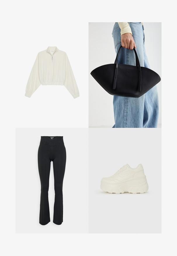 Gerippter Pullover aus cremefarbener Baumwolle mit hohem Kragen, halbem Reißverschluss, elastischen Säumen und Bündchen, glatter Textur und minimalistischem Design.; Schwarze ausgestellte Leggings aus dehnbarem Material. Mit einem hohen Bund und einer schrägen Nahtdetails. Glatte Textur ohne sichtbare Logos.; Weiße Platform Sneakers mit einem glatten, lederähnlichen Obermaterial, abgerundeter Form, gepolstertem Kragen und strukturierten Gummisohlen mit ausgeprägten Stollen.; Schwarze Lederhandtasche mit einzigartiger Fächerform, ausgestattet mit flachen Griffen. Die Oberfläche hat eine genoppte Textur und ein minimalistisches Design.