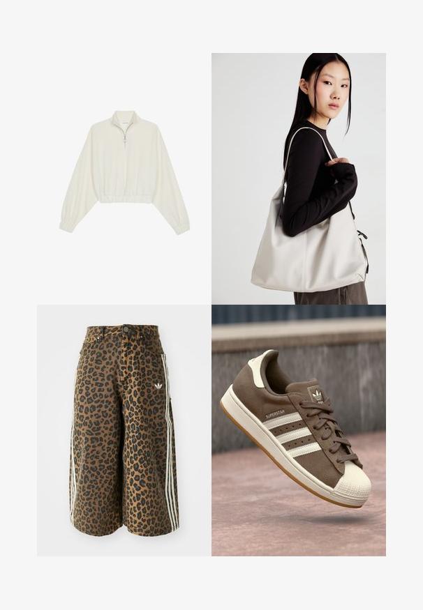 Kreminės spalvos trumpas megztinis, turintis aukštą apykaklę, pusiau užtrauktuką, elastinį apačią irRankovių kraštus, su lygiu paviršiumi ir minimalizuotu dizainu.; Rudos plačios kelnės-šortai su juodu leopardų raštu, baltais šonais, mygtuko uždarymu, priekinėmis kišenėmis ir mažos Adidas logotipu dešinėje pusėje.; Rudi suede sportbačiai su baltais dryžiais, kreminėmis detalėmis ir guminiu pirštu. Sukurti palaidų raištelių dizaino ir tekstūruotais guminiais padais.; Bežinė rankinė, pagaminta iš minkštos medžiagos, turinti laisvą dizainą, siuvinėtas detalės ir dvi petnešos. Tinkama kasdieniam naudojimui.