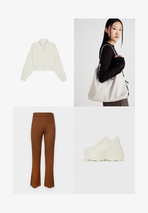 Cropped pullover in cream fabric, featuring a high collar, half-zip closure, elasticated hem and cuffs, with a smooth texture and minimal design.; Brown ribbed knit flared trousers with a fitted waistband. Textured fabric with vertical stripes and wide leg openings at the bottom.; White platform sneakers featuring a smooth leather-like upper, rounded shape, padded collar, and textured rubber sole with defined treads.; Beige handbag made of soft material, featuring a slouchy design, stitched detailing, and two shoulder straps. Suitable for everyday use.