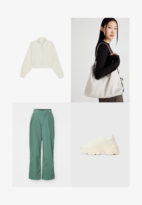 Pullover curto em tecido creme, apresentando um colarinho alto, fecho de meio zíper, bainha e punhos elásticos, com uma textura suave e design minimalista.; Nike Sportswear TROUSER  - Calças - vintage green/light army; Sapatilhas brancas chunky feitas de malha texturizada e materiais sintéticos, apresentando uma sola espessa e detalhes de padrão intrincados ao longo dos lados.; Uma bolsa bege feita de material macio, com um design descontraído, detalhes de costura e duas alças para o ombro. Adequada para uso diário.
