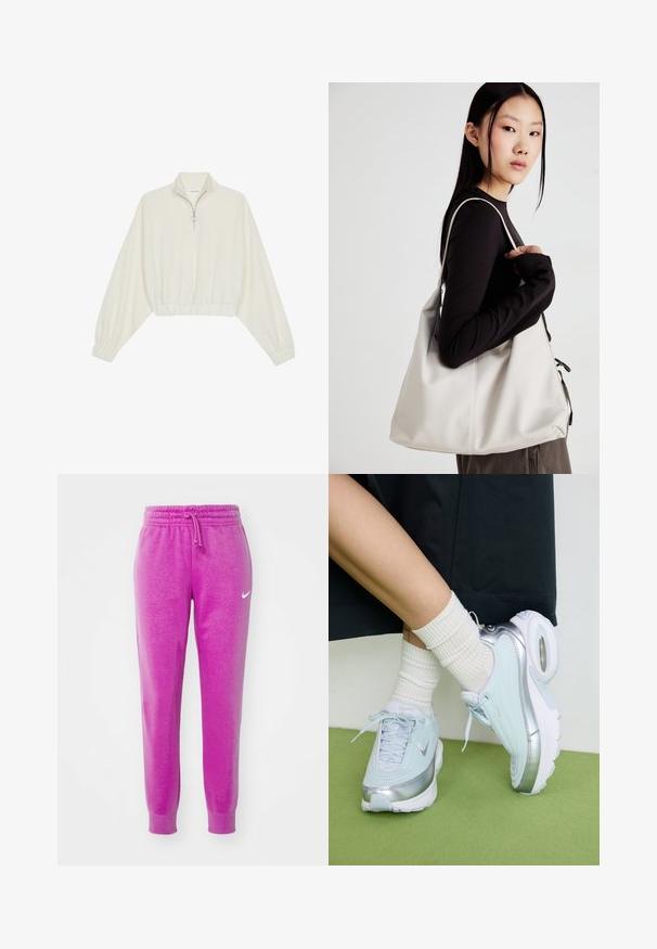 Krém színű, rövidített pulóver, magas gallérral, félig cipzáros záródással, elasztikus derék- és ujjakrésszel, sima textúrával és minimalista dizájnnal.; Nike Sportswear PANT - Tréningruha alsók - hot fuchsia; Világoskék sportcipő ezüst díszítésekkel, texturált felső résszel, párnázott talppal és látható levegő egységgel. Fehér bordázott zoknival párosítva.; Puha anyagból készült bézs kézitáska, laza dizájnnal, varrott részletekkel és két vállpánttal. Mindennapi használatra alkalmas.