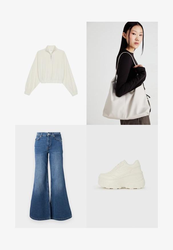 Zkrácený svetr z krémové látky, který má vysoký límec, poloviční zip, elastický spodní lem a manžety, hladkou texturu a minimalistický design.; Zvonové modré džínové kalhoty s bledým povrchem, designem pěti kapes a kovovým zapínáním na pasu.; Bílé platformové tenisky s hladkým svrškem podobným kůži, zaobleným tvarem, polstrovaným límcem a texturovanou gumovou podrážkou s vyznačenými vzory.; Beige kabelka vyrobená z měkkého materiálu, s volným designem, prošívanými detaily a dvěma ramenními popruhy. Vhodná pro každodenní použití.
