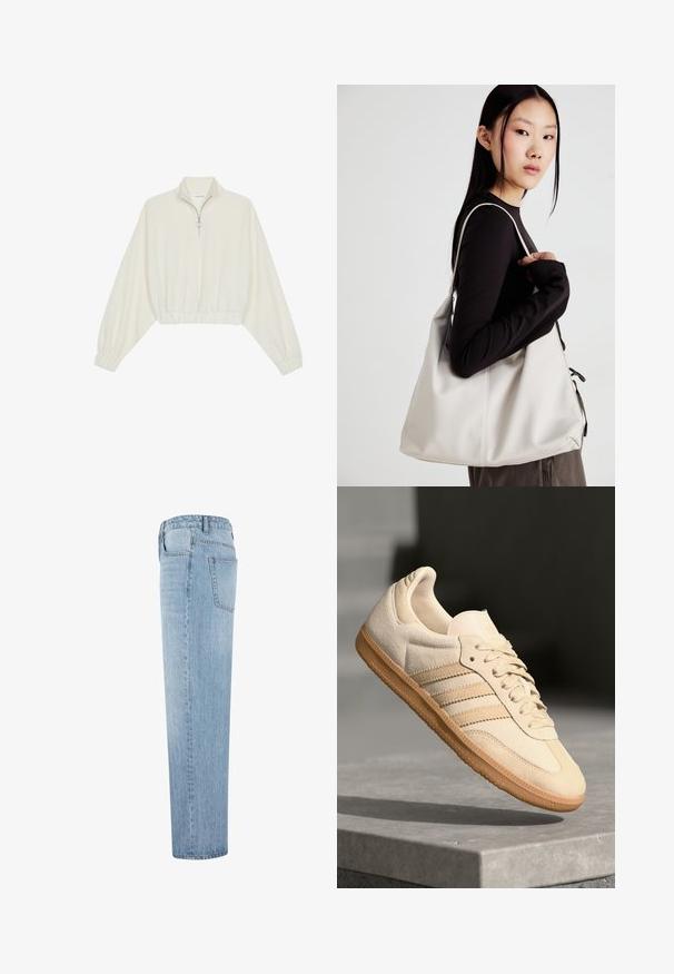 Kreminės spalvos trumpas megztinis, turintis aukštą apykaklę, pusiau užtrauktuką, elastinį apačią irRankovių kraštus, su lygiu paviršiumi ir minimalizuotu dizainu.; Šviesiai mėlyni tiesūs džinsai su aukštu liemeniu ir matoma užpakaline kišenę, rodomi iš šono prieš baltą foną.; Šviesiai ruda veliūrinė sportinė avalynė su guminiais padais, trimis įstrižomis juostelėmis ir tekstūruotu pirštų apsauginiu. Ant liežuvio ir šono yra logotipas.; Bežinė rankinė, pagaminta iš minkštos medžiagos, turinti laisvą dizainą, siuvinėtas detalės ir dvi petnešos. Tinkama kasdieniam naudojimui.