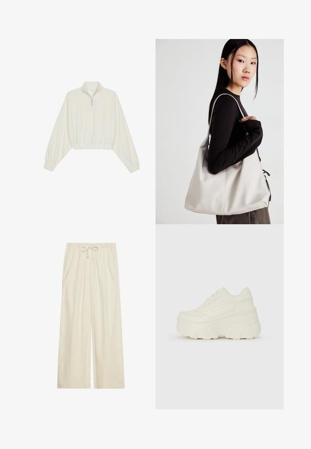 Avkortad tröja i krämfärgad tyg, med hög krage, halvdragkedja, elastisk nederkant och ärmar, med en slät yta och minimalistisk design.; Ljusgräddfärgade vida byxor med elastisk midja och dragsko, utrustade med sidofickor och en texturerad tyg.; Vita plattformssneakers med en slät läderliknande överdel, rundad form, vadderad krage och texturerad gummisula med definierade mönster.; Beige handväska tillverkad av mjukt material, med en avslappnad design, sydda detaljer och två axelremmar. Lämplig för dagligt bruk.