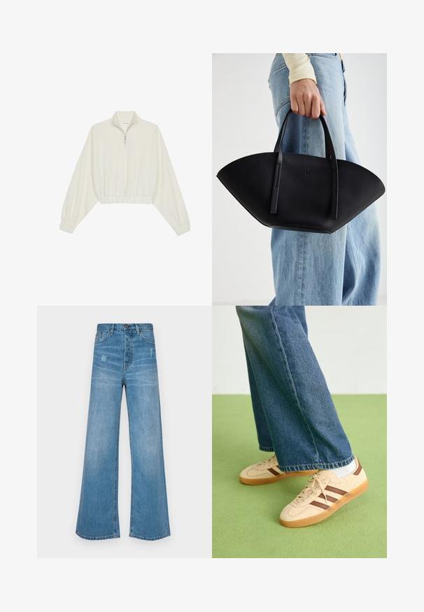 Kratka pulover v kremnem blagu, z visokim ovratnikom, pol-zadrgo, elastičnim robom in manšetami, z gladko teksturo in minimalističnim oblikovanjem.; LOIS Jeans SKATER LOOSE - Široke kavbojke - stone; Bež teniske z teksturiranimi kremnimi paneli in rjavimi črtami, v kombinaciji z modrimi kavbojkami. Kavbojke imajo široke hlačnice in raztrgan rob.; Črna usnjena torbica z edinstveno obliko ventilatorja, z ravnimi ročaji. Površina ima teksturo z drobnimi kamni in minimalističen dizajn.