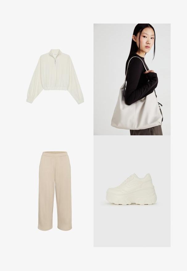 Kreemfarbenest lühikese varrukaga kudum, millel on kõrge kaelus, pool tõmblukk, elastne allosa ja varrukad, sile tekstuur ja minimaalne disain.; Kaffe CROPPED - Dresside alumine osa - feather gray; Valged platvormi tõusukingad, millel on siledast nahast meenutav pealis, ümar kuju, pehmendatud kaelus ja tekstureeritud kummitald koos selgete hüdrofoobsete mustritega.; Bež käekott pehme materjali, millel on lõtv disain, õmblustega detailid ja kaks õlarihma. Sobib igapäevaseks kasutamiseks.