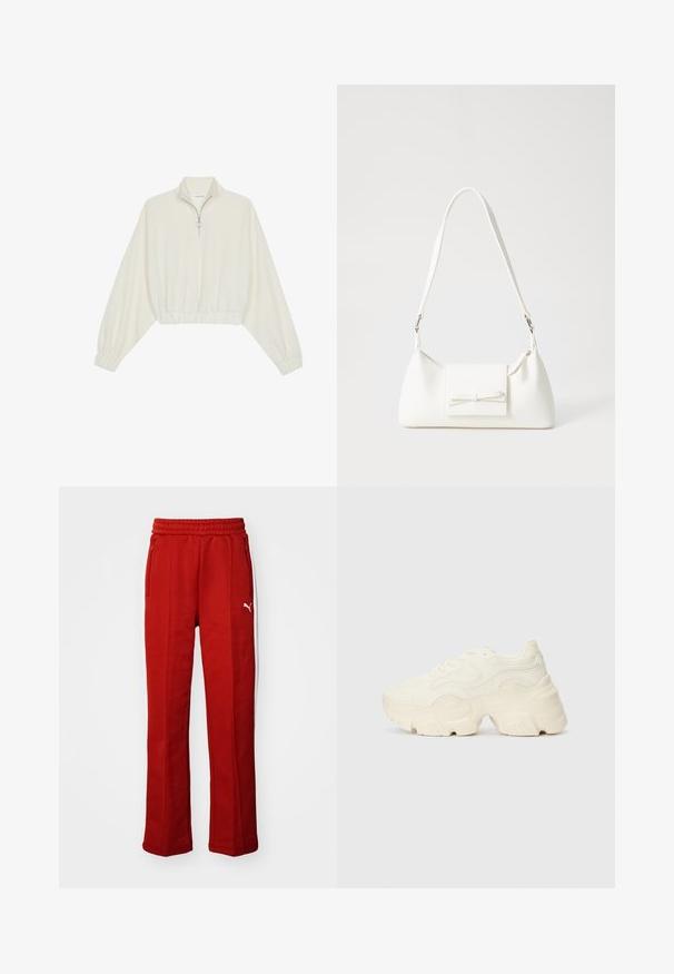 Cropped pullover in cream fabric, featuring a high collar, half-zip closure, elasticated hem and cuffs, with a smooth texture and minimal design.; Red sweatpants with a soft texture, elastic waistband, and two side zip pockets. Features a white stripe along the sides and a small logo.; Chunky white sneakers made of textured mesh and synthetic materials, featuring a thick sole and intricate pattern details along the sides.; White synthetic handbag with a triangular shape, flat front flap and bow detail, adjustable strap, smooth texture, and minimalistic design.