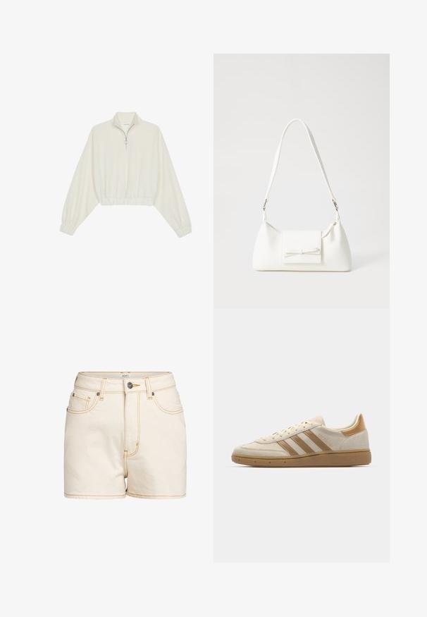 Kort genser i kremfarget stoff, med høy krage, halv glidelås, elastisk nederste kant og mansjetter, med en glatt tekstur og minimalistisk design.; Beige denimshorts med høy midje, med kontrasterende gult stikking, frontlommer og en merket metallknapp som lukking.; Beige semsket sneakers med lysebrune detaljer. Har tre brune striper, teksturert gummisåle og et rundt tådesign.; Hvit syntetisk håndveske med trekantet form, flat klaff foran og sløyfe detaljer, justerbar stropp, glatt tekstur og minimalistisk design.