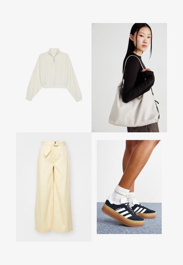 Kreminės spalvos trumpas megztinis, turintis aukštą apykaklę, pusiau užtrauktuką, elastinį apačią irRankovių kraštus, su lygiu paviršiumi ir minimalizuotu dizainu.; Šviesiai geltoni plačiakulkiai keliai su diržu, pagaminti iš medvilnės. Turi elegantišką priekį ir subtilius siuvinėjimo akcentus.; Juodi zomšiniai sportbačiai su baltais dryžiais ir akcentais, apvalios nosies, guminio, gumos pado, derinami su baltais raitytais vidutinio ilgio kojinaitėmis.; Bežinė rankinė, pagaminta iš minkštos medžiagos, turinti laisvą dizainą, siuvinėtas detalės ir dvi petnešos. Tinkama kasdieniam naudojimui.