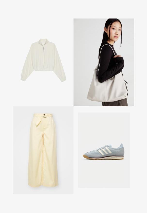 Kreptais pusītes džemperis krēmkrāsā, ar augstu apkakli, puszipa aizdari, elastīgu apakšmalu un aprocēm, ar gludu tekstūru un minimālistisku dizainu.; Gaiši dzelteni plataji stila bikses ar jostu, izgatavotas no kokvilnas. Pietiekami eleganta priekšpuses dizains un smalkas šuvju detaļas.; Gaiši zili zamša sporta apavi ar baltām trim svītrām, gumijas zoli un teksturētu sietu. Ietver gludu purngalu un zīmolu uz papēža.; Bežs rokassoma, izgatavota no mīksta materiāla, ar brīvu dizainu, izšūtu apdari un divām plecu siksnām. Piemērota ikdienas lietošanai.