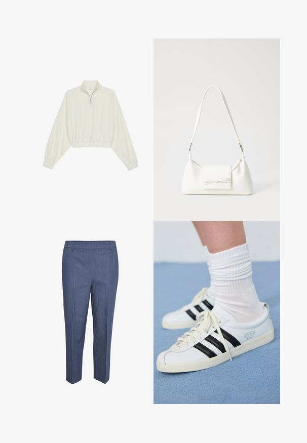 Gerippter Pullover aus cremefarbener Baumwolle mit hohem Kragen, halbem Reißverschluss, elastischen Säumen und Bündchen, glatter Textur und minimalistischem Design.; Maßgeschneiderte Hose aus dunkelblauem Stoff mit feiner Textur. Verfügt über eine flache Vorderseite, gerade Beine und eine mittelhohe Taille. Keine sichtbaren Taschen.; Weiße Ledersneaker mit schwarzen Streifen, cremefarbener Sohle und hellen Schnürsenkeln. Getragen mit weißen gerippten Socken, positioniert vor einem blauen Hintergrund.; Weiße synthetische Handtasche in dreieckiger Form, flache Vorderklappe und Schleifendetail, verstellbarer Trageriemen, glatte Textur und minimalistisches Design.