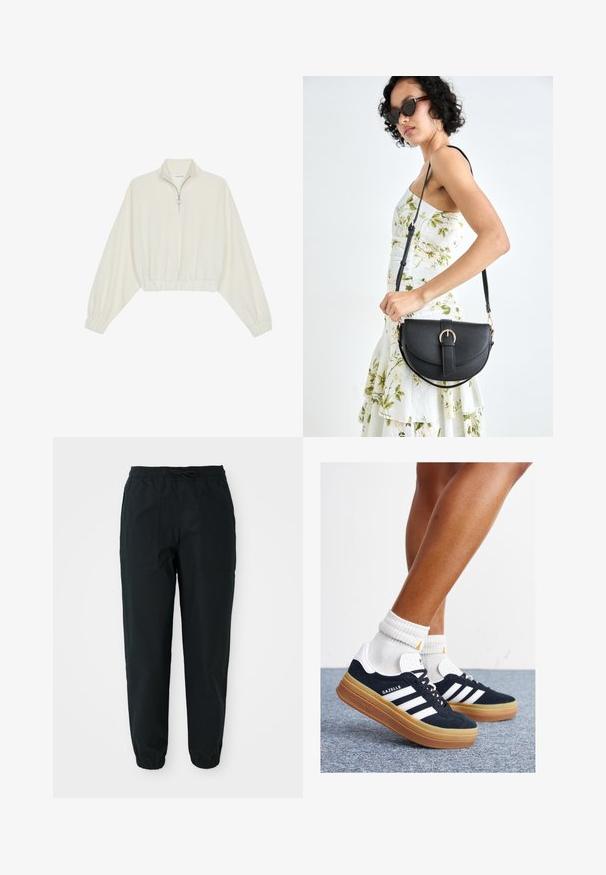 Geknipt pullover in crèmekleurige stof, met een hoge kraag, halve rits, elastische zoom en manchetten, met een soepele textuur en minimalistisch ontwerp.; Zwarte tapered broeken gemaakt van een fijne stof, met een elastische tailleband, trekkoord en zijzakken. Elastische boorden bij de enkels.; Zwarte suède sneakers met witte strepen en accenten, ronde neus, gum rubberen buitenzool, gecombineerd met witte geribbelde crewkousen.; Zwarte leren handtas met een gebogen vorm, afneembare schouderband en gouden hardware. De tas heeft een klep met een gespsluiting.