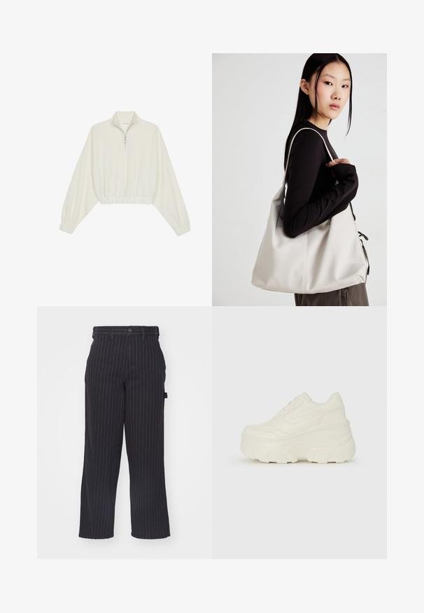 Pullover court en tissu crème, avec un col haut, fermeture éclair à mi-hauteur, ourlet et poignets élastiqués, offrant une texture lisse et un design minimaliste.; Pantalons noirs à rayures fines en tissu texturé, avec une coupe droite, dotés d'une fermeture à bouton et de passants de ceinture.; Baskets plateformes blanches avec une tige en simili cuir lisse, une forme arrondie, un col rembourré et une semelle en caoutchouc texturé avec des crampons définis.; Sac à main beige en matériau souple, avec un design décontracté, des détails cousus et deux poignées. Idéal pour un usage quotidien.