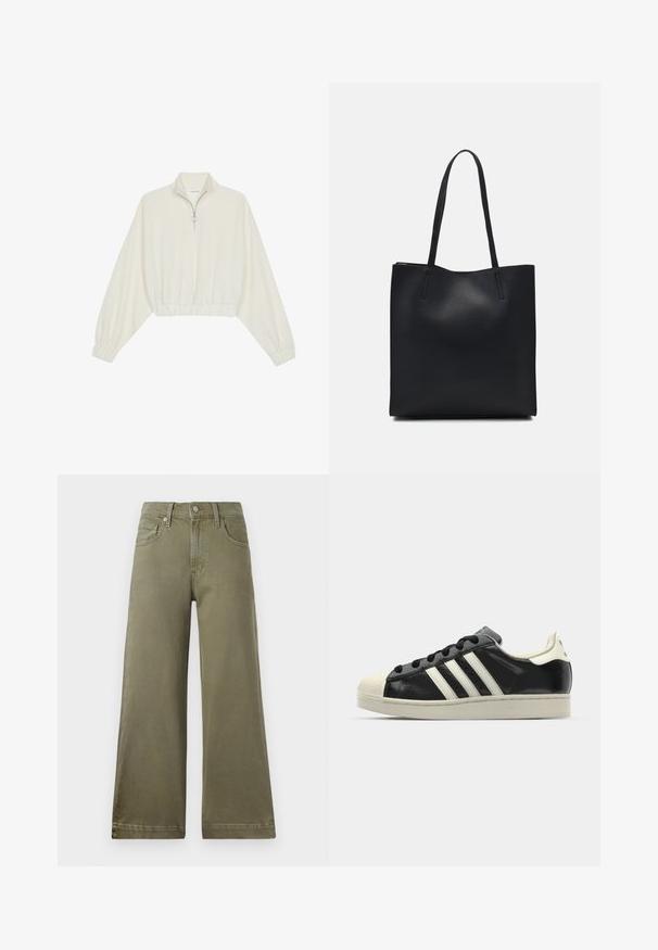 Kreptais pusītes džemperis krēmkrāsā, ar augstu apkakli, puszipa aizdari, elastīgu apakšmalu un aprocēm, ar gludu tekstūru un minimālistisku dizainu.; Plataņi bikses olīvzaļā krāsā, izgatavotas no mīksta, teksturēta auduma. Satur jostas cilpas, rāvējslēdzēju ar pogu un priekšējās kabatas.; Melna ādas sporta apava ar baltām svītrām, gumijas purngala aizsardzību, melnām auklām un krēma krāsas zoli. Gluda tekstūra ar spīdīgu apdari.; Melnas ādas somiņa ar gludu tekstūru, taisnstūra formu un divām garām rokturiem. Nav redzamu aparatūras vai rotājumu.