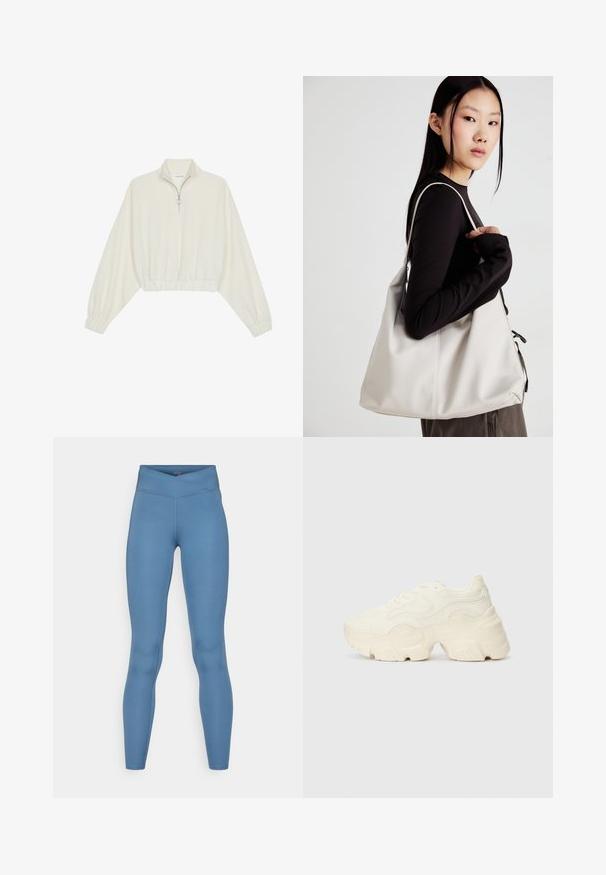 Kratka pulover v kremnem blagu, z visokim ovratnikom, pol-zadrgo, elastičnim robom in manšetami, z gladko teksturo in minimalističnim oblikovanjem.; Hunkemöller CROSS OVER LEGGING - Pajkice - blue; Debele bele športne copate, izdelane iz teksturirane mrežaste in sintetične materialov, z debelim podplatom in zapletenimi vzorčičnimi detajli ob straneh.; Bežna torbica iz mehkega materiala, z ohlapno zasnovo, šivi in dvema naramnicama. Primerna za vsakodnevno uporabo.