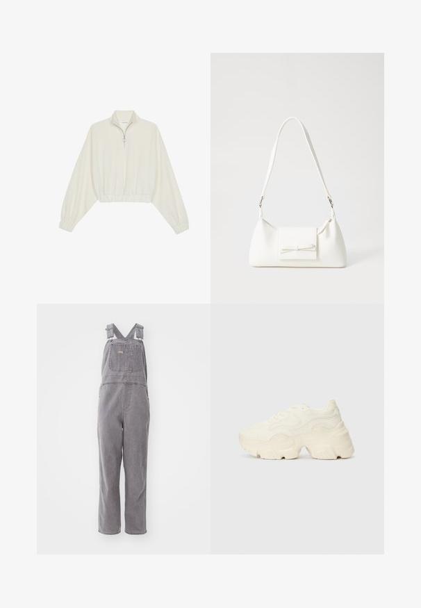 Krém színű, rövidített pulóver, magas gallérral, félig cipzáros záródással, elasztikus derék- és ujjakrésszel, sima textúrával és minimalista dizájnnal.; Szürke farmer overál állítható vállpántokkal, elülső zsebbel és laza szabással. Egyenes szabású lábakkal rendelkezik, és az egész egy szilárd szín.; Tömbös fehér sneakers, amely texturált hálóból és szintetikus anyagokból készült, vastag talppal és bonyolult mintázattal az oldalakon.; Fehér szintetikus kézitáska, háromszög alakú, lapos előlap, masni részlettel, állítható pánttal, sima textúrával és minimalista dizájnnal.