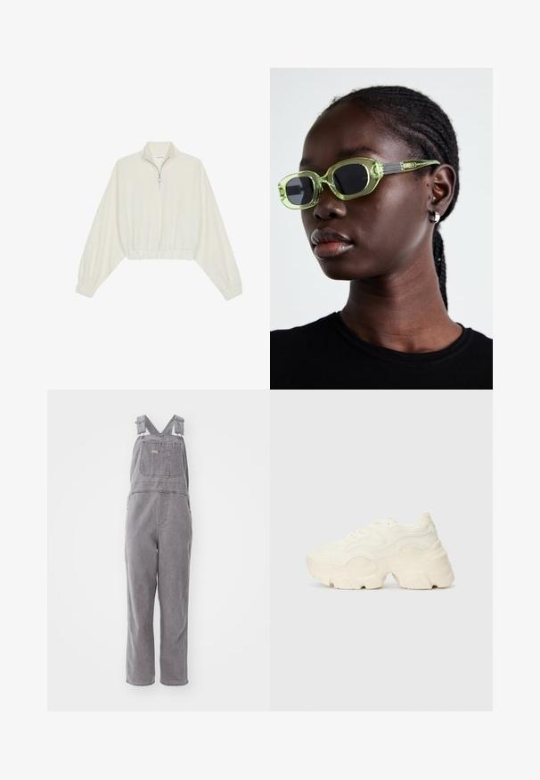Kreptais pusītes džemperis krēmkrāsā, ar augstu apkakli, puszipa aizdari, elastīgu apakšmalu un aprocēm, ar gludu tekstūru un minimālistisku dizainu.; Pelēkas denima kombinezons ar regulējamiem plecu siksnām, priekšējo kabatu un brīvu piegriezumu. Iespējas ar taisnu kāju griezumu un vienotu krāsu visā virsmā.; Masīvi balti sportisti, kas izgatavoti no strukturēta sieta un sintētiskajiem materiāliem, ar biezu zoli un sarežģītām rakstu detaļām gar sāniem.; Zaļganiem saulesbrillēm ar plānu, taisnstūrveida rāmi un tumšiem stikliem; teksturētas pelēkas kārtas ar zīmolu. Gluda āda un melna krekls.