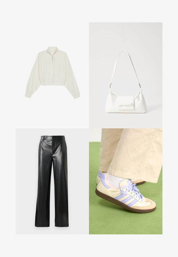 Lyhyt kerrosvaate vaaleasta kankaasta, jossa on korkea kaulus, puolivetoketjukiinnitys, joustavat helma ja hihansuut, tasainen pinta ja minimalistinen muotoilu.; Mustat nahkaiset leveälahkeiset housut, joissa on sileä pinta, keskikorkea vyötärönauha ja huomaamattomat etupuolen poimuviivat.; Kermasilta ja laventelilta näyttävät lenkkarit kolmella raidalla ja teksturoidulla ruskealla pohjalla, varustettuna nauhoilla ja pehmustetulla kantapäällä. Pehmeä kangaspinta.; Valkoinen synteettinen käsilaukku, jossa on kolmikulmainen muoto, tasainen etu läppä ja nauhadetail, säädettävä olkahihna, sileä rakenne ja minimalinen muotoilu.