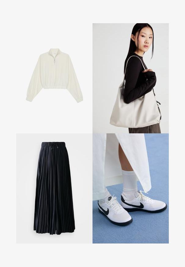 Krém színű, rövidített pulóver, magas gallérral, félig cipzáros záródással, elasztikus derék- és ujjakrésszel, sima textúrával és minimalista dizájnnal.; Fekete redőzött szoknya sima anyagból. Rugalmas derékrésszel és zsinórtartóval rendelkezik. Térd alatt ér véget, egyenletes függőleges redőzésű.; Fehér Nike sportcipők fekete kiegészítőkkel, sima bőrből készült felsőrésszel, fehér cipőfűzőkkel és strapabíró gumitalppal, fehér bordás zoknival párosítva.; Puha anyagból készült bézs kézitáska, laza dizájnnal, varrott részletekkel és két vállpánttal. Mindennapi használatra alkalmas.
