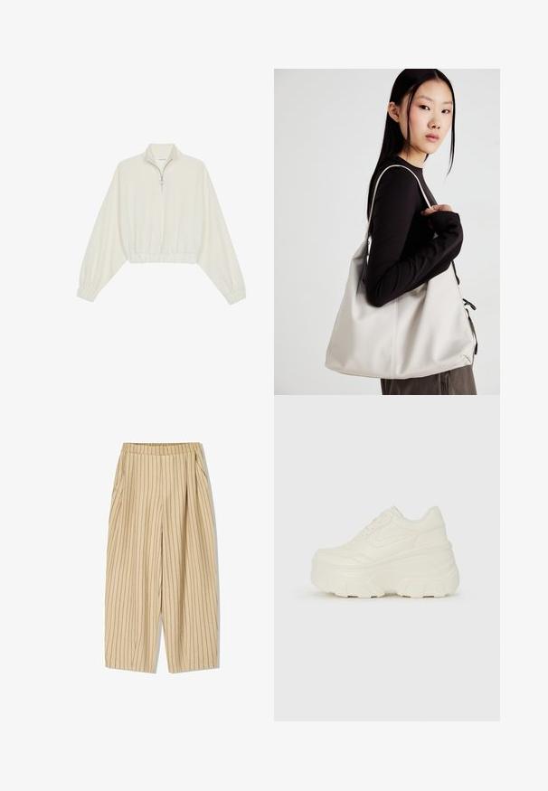 Lyhyt kerrosvaate vaaleasta kankaasta, jossa on korkea kaulus, puolivetoketjukiinnitys, joustavat helma ja hihansuut, tasainen pinta ja minimalistinen muotoilu.; Beige striped trousers with an elastic waistband, featuring two side pockets, a loose fit, and vertical black pinstripes for detail.; Valkoiset tasapohjakengät, joissa on sileä nahkamainen päällinen, pyöristetty muoto, pehmustettu nilkkaosa ja texturoitu kumipohja, jossa on hyvin määritellyt urat.; Beige laukku, joka on valmistettu pehmeästä materiaalista, ja siinä on rento muotoilu, ommeltu yksityiskohtia ja kaksi olkahihnaa. Sopii päivittäiseen käyttöön.