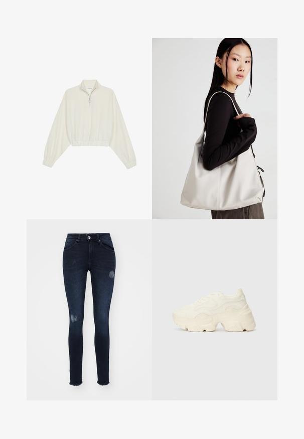 Krém színű, rövidített pulóver, magas gallérral, félig cipzáros záródással, elasztikus derék- és ujjakrésszel, sima textúrával és minimalista dizájnnal.; Sötét kék farmerszűk nadrág, térdén szakított részletekkel, rojtos szegéllyel, öt zsebbel és gombos záródással.; Tömbös fehér sneakers, amely texturált hálóból és szintetikus anyagokból készült, vastag talppal és bonyolult mintázattal az oldalakon.; Puha anyagból készült bézs kézitáska, laza dizájnnal, varrott részletekkel és két vállpánttal. Mindennapi használatra alkalmas.